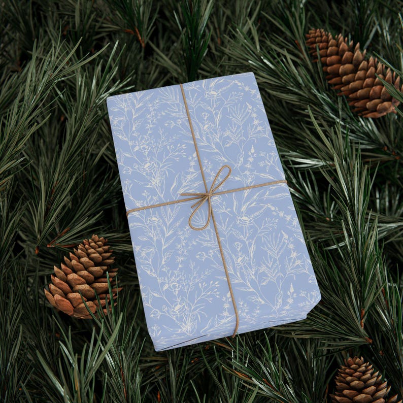 Papel de regalo floral azul francés, rollo de papel de regalo elegante imagen 9