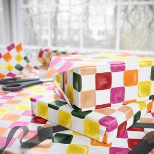 Watercolor Checkered Board Wrapping Paper Roll, Birthday Gift Wrap, Holiday Gift Wrap, Cute Gift Wrap, Christmas Wrap, Watercolor Gift Wrap image 8