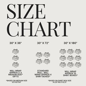 K&ouml;nnte beinhalten: Eine Gr&ouml;&szlig;entabelle mit dem Text "SIZE CHART" in gro&szlig;en, fetten Buchstaben. Die Tabelle zeigt drei Gr&ouml;&szlig;enoptionen: 76 cm x 91 cm, 76 cm x 183 cm und 76 cm x 457 cm. Jede Gr&ouml;&szlig;e hat Geschenkbox-Illustrationen und Text.