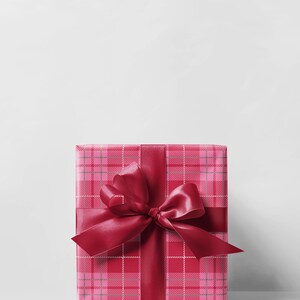 May include: A wrapped gift box with a pink plaid pattern and a deep red satin ribbon and bow. The gift is centered against a white background, creating a clean and festive presentation.