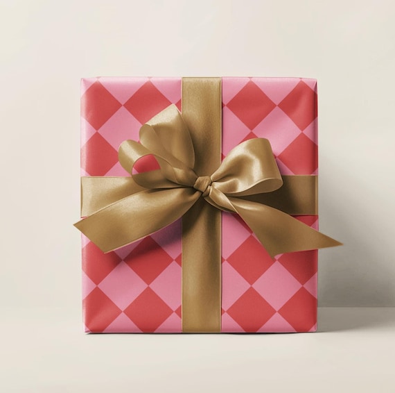 Red & Pink Diamond Checkered Wrapping Paper Roll, Holiday Gift Wrap, Preppy Wrapping Paper, Pink Gift Wrap, Gift Wrap For Her
