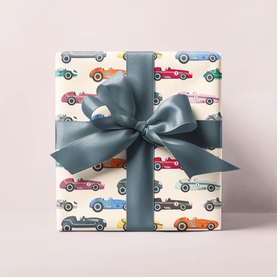 Vintage Race Cars Wrapping Paper Roll, Fun Holiday Gift Wrap, Birthday Wrapping Paper