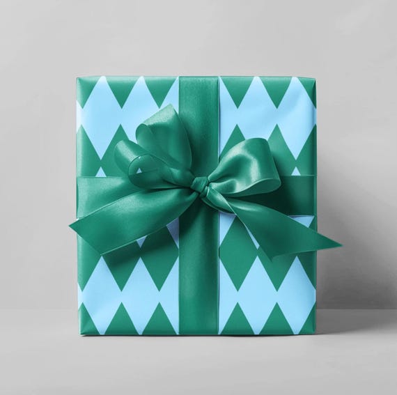 Blue & Green Harlequin Wrapping Paper Roll, Christmas Wrapping Paper, Fun Wrapping, Birthday Gift Wrap, Retro Checkered Wrapping
