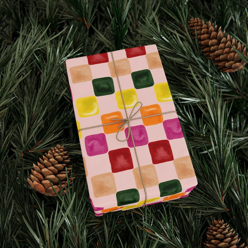 Rosa Aquarell kariertes Brett Geschenkpapierrolle, rosa Geschenkverpackung, Geburtstagsgeschenkverpackung, Feiertagsgeschenkverpackung, nettes Geschenk, Weihnachtsverpackung Bild 7