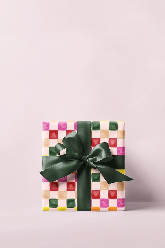 Pink Watercolor Checkered Board Wrapping Paper Roll, Pink Gift Wrap, Birthday Gift Wrap, Holiday Gift Wrap, Cute Gift Wrap, Christmas Wrap