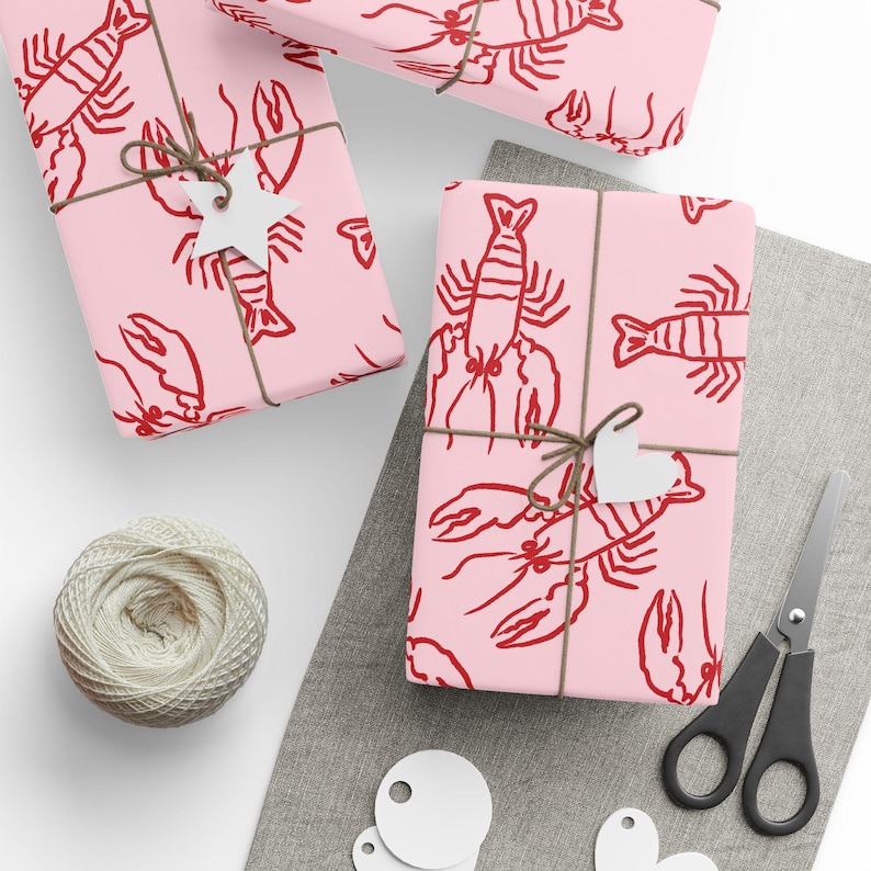 Lobster Wrapping Paper Roll, Coastal Wrapping, Pink Wrapping Paper, Cute Gift Wrap, Birthday Wrapping Paper, Holiday Gift Wrap image 4