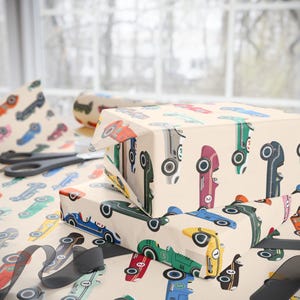 Vintage Race Cars Wrapping Paper Roll, Fun Holiday Gift Wrap, Birthday Wrapping Paper image 6
