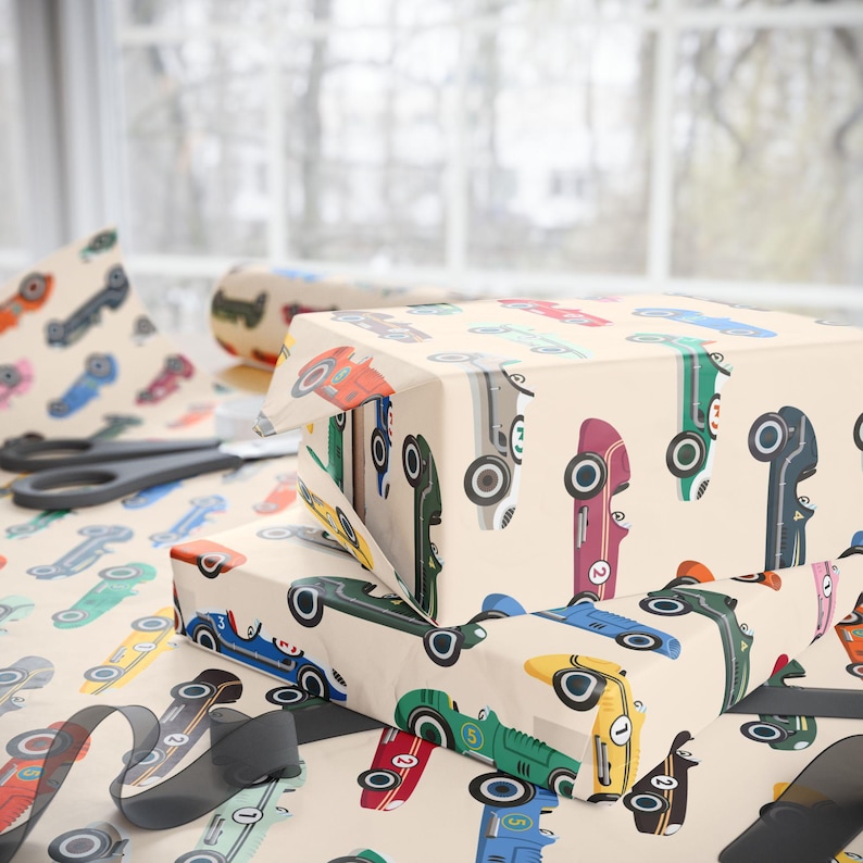 Vintage Race Cars Wrapping Paper Roll, Fun Holiday Gift Wrap, Birthday Wrapping Paper image 6