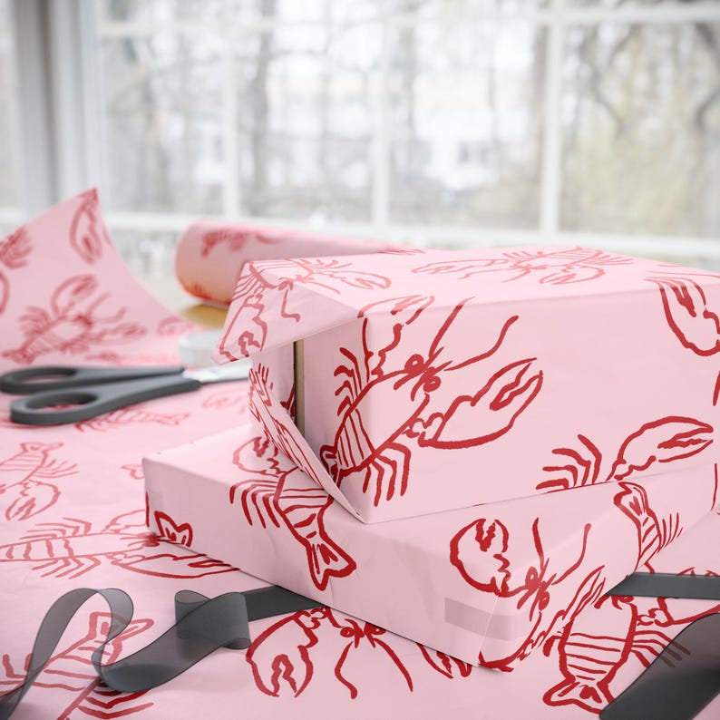 Lobster Wrapping Paper Roll, Coastal Wrapping, Pink Wrapping Paper, Cute Gift Wrap, Birthday Wrapping Paper, Holiday Gift Wrap image 6