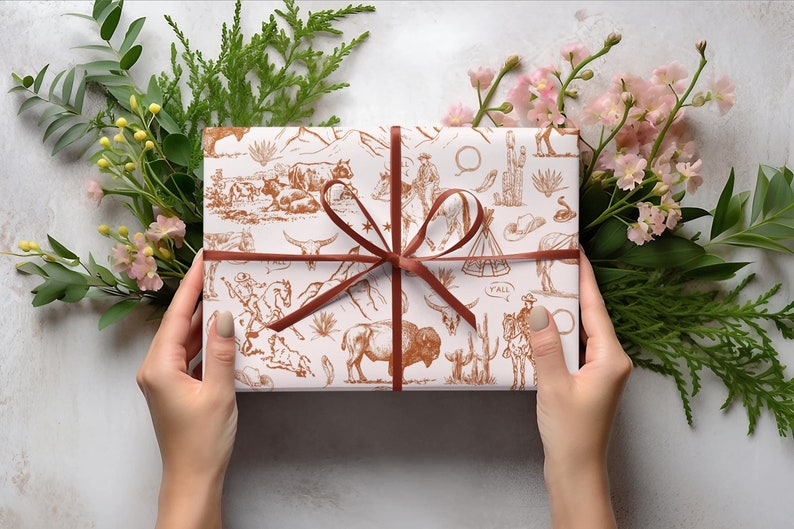 Rust Wrapping Paper Rust Toile Western Wrapping Paper Roll, Cowboy Gift Wrap, Western ...