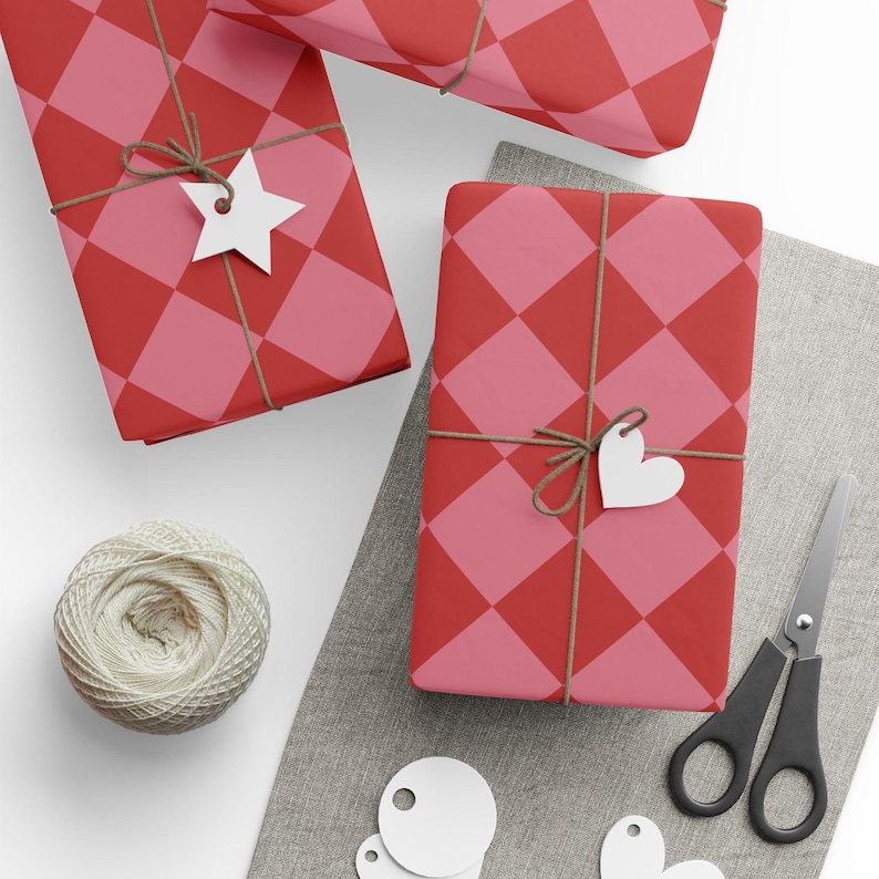 Red & Pink Diamond Checkered Wrapping Paper Roll, Holiday Gift Wrap, Preppy Wrapping Paper, Pink Gift Wrap, Gift Wrap For Her image 5