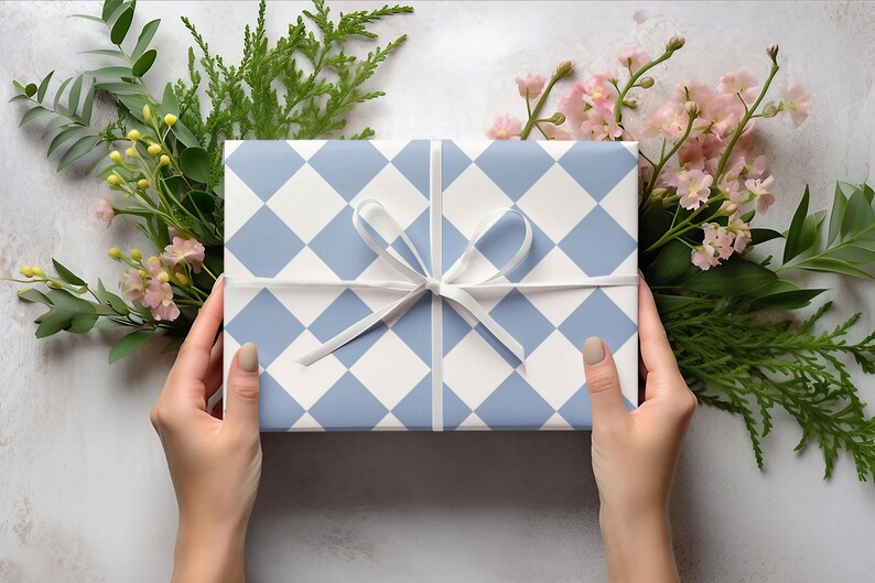 K&ouml;nnte beinhalten: Eine Geschenkbox, verpackt in blau-wei&szlig;em Karomusterpapier mit einer wei&szlig;en Schleife, die zu einer Schleife gebunden ist.
