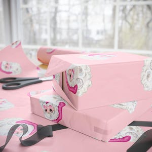 Papel de regalo navideño de Papá Noel con lentejuelas rosas, papel de regalo para las fiestas. imagen 8