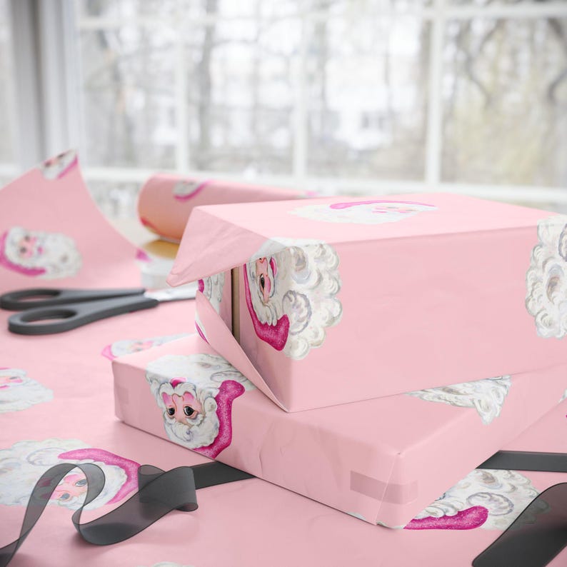 Papel de regalo navideño de Papá Noel con lentejuelas rosas, papel de regalo para las fiestas. imagen 8