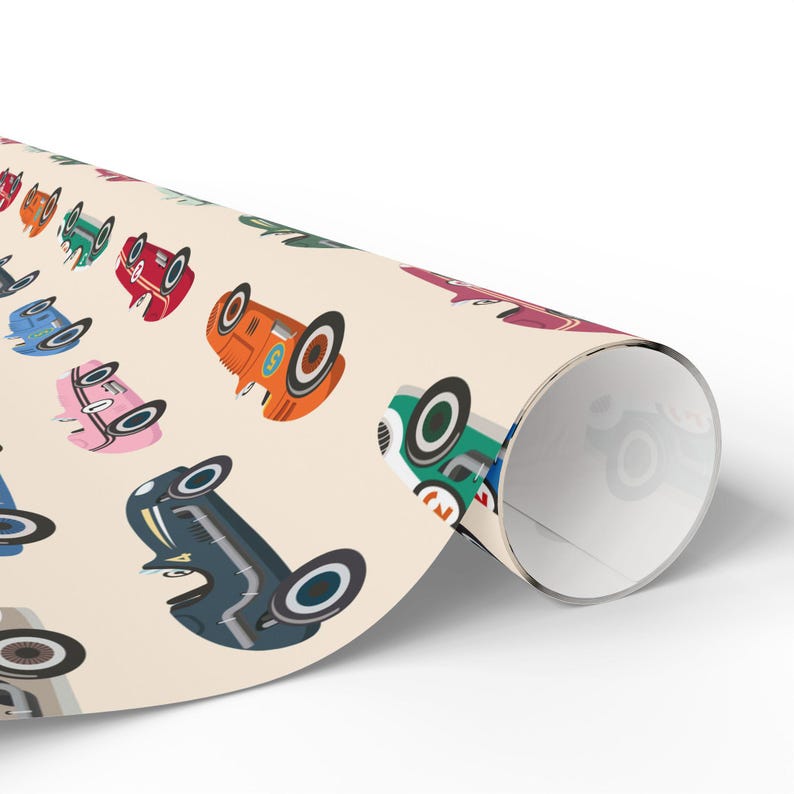Vintage Race Cars Wrapping Paper Roll, Fun Holiday Gift Wrap, Birthday Wrapping Paper image 2