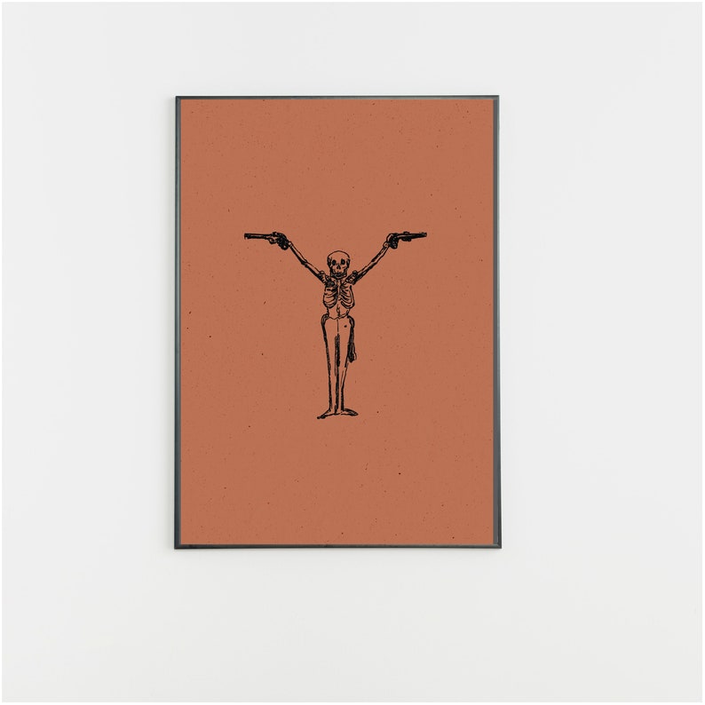 May include: A black and white illustration of a skeleton holding two pistols, set against a terracotta background.