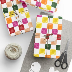 Watercolor Checkered Board Wrapping Paper Roll, Birthday Gift Wrap, Holiday Gift Wrap, Cute Gift Wrap, Christmas Wrap, Watercolor Gift Wrap image 2