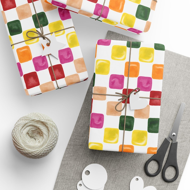 Watercolor Checkered Board Wrapping Paper Roll, Birthday Gift Wrap, Holiday Gift Wrap, Cute Gift Wrap, Christmas Wrap, Watercolor Gift Wrap image 2