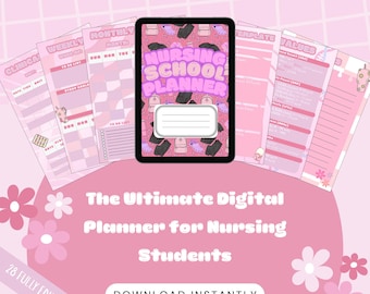May include: A digital planner for nursing students, featuring a tablet with "Nursing School Planner" text and a pink background. Includes weekly, monthly, and clinical templates. The text "Organize Your Semester With Ease!!" is at the top.