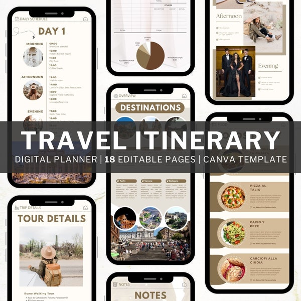 Travel Itinerary Template Modern Minimal, Vacation Trip Planner Editable Canva Template, Digital Travel Organizer Instant Download