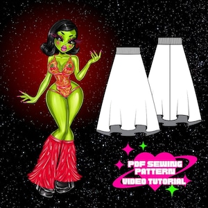 May include: A PDF sewing pattern for a white skirt with a flared hem. The pattern includes a video tutorial. The image also shows a cartoon illustration of a green alien woman wearing a red and white outfit.