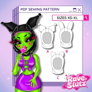 Puede incluir: Un patrón de costura en PDF para una capucha con tres variantes etiquetadas A, B y C, en tallas XS-XL. El gráfico muestra un personaje de piel verde con una capucha negra con orejas, un top morado con cordones y una falda morada con una piruleta.
