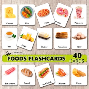 40 種類の食品フラッシュ カード (実際の写真) • モンテッソーリ カード • フラッシュ カードの命名法 • 子供向けの印刷可能なカード