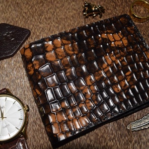 Cartera de cuero para hombre, cartera cosida a mano con estampado de cocodrilo, cartera de cuero exótico, regalo especial para él