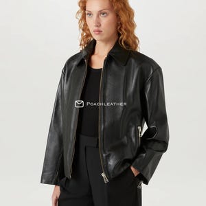 Handmade Lambskin Leather Bomber Jacket - Women&#39;s Black Jacket