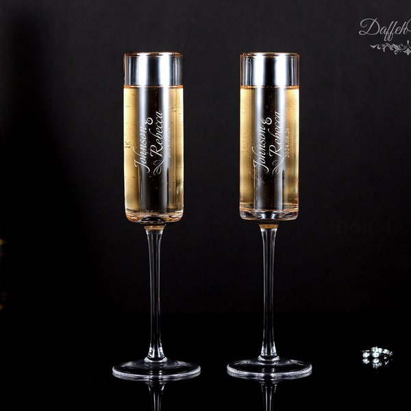 Custom Champagne Flutes - Engraved Gold Rim Champagne Flute Set, Set of 2, Wedding Toasting Flutes, Unique Wedding Keepsakes
