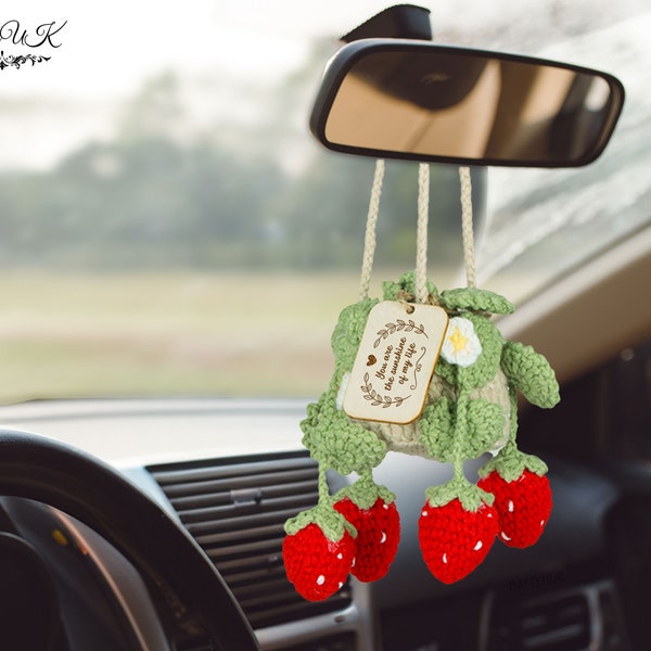 Custom Crochet Strawberry Plant Car Mirror Hanging - Lovely Crochet Plant, Women Car Decor, Crochet Car Plant, Christmas Gifts