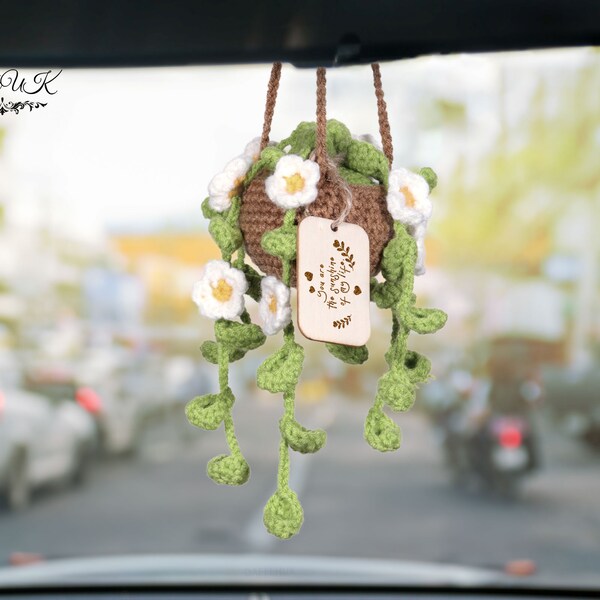 Aangepaste gehaakte plant auto hangend - schattige gehaakte madeliefjeplant, vrouwen auto decor, gehaakte auto hangend, gepersonaliseerd cadeau, kerstcadeaus