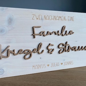 Könnte beinhalten: Holzschild mit dem Text "ZWEI NACHNAMEN, EINE Familie KRIEGEL & STRAUCH" in braunen Buchstaben. Das Schild enthält auch die Namen Markus, Julia und Jannis. Der Hintergrund ist helles Holz.