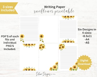 Printable Sunflower Writing Paper - 6 styles - 3 Sizes - 8.5 x 11, A4, A5 PDF's and PNG'S - Penpal, Notepaper, Journal, Planner, Stationary