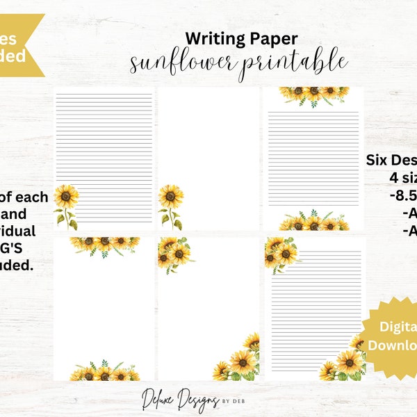 Printable Sunflower Writing Paper - 6 styles - 3 Sizes - 8.5 x 11, A4, A5 PDF's and PNG'S - Penpal, Notepaper, Journal, Planner, Stationary