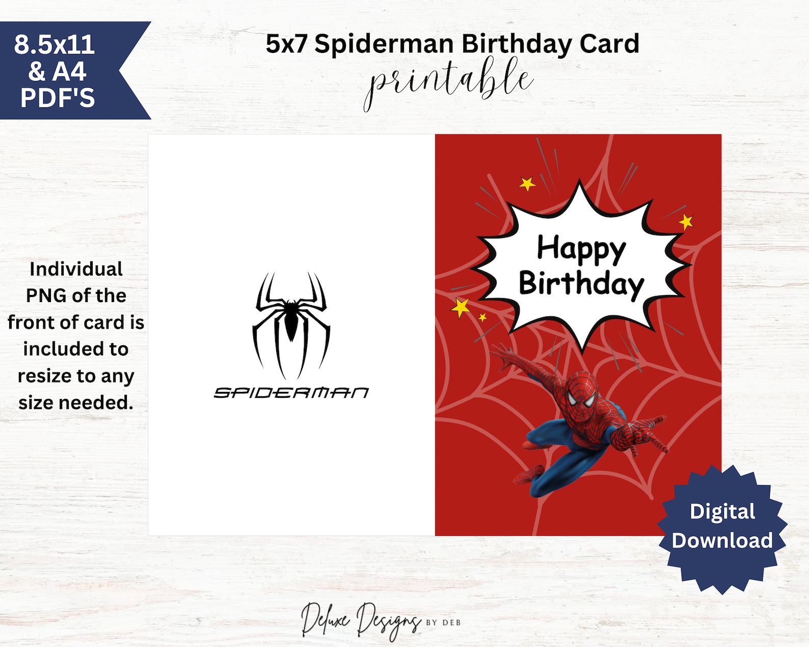 5x7 Spiderman Birthday Card Printable 8.5 X 11 and A4 Pdf's PNG ...