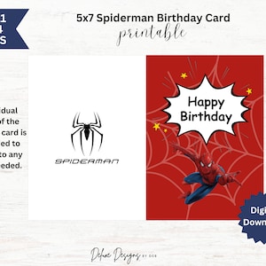 5x7 Spiderman Geburtstagskarte zum Ausdrucken - 8,5 x 11 und A4 PDF's - PNG - Geburtstag, Superheld, Held, Grußkarte, Happy Birthday