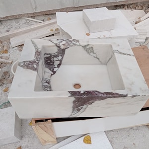 Calacatta Viola Marble Vessel Sink: Handcrafted Natural Stone Basin (24&#39;&#39;x16&#39;&#39;x8&#39;&#39;)