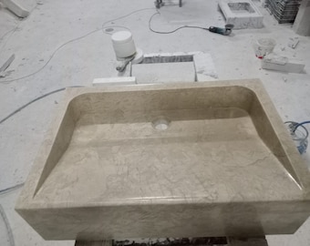 Beige Marble Rectangular Sink: Natural Stone Wall Mounted Washbasin