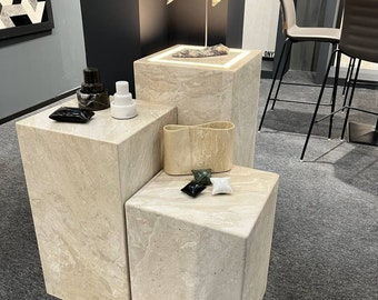 Handmade Travertine Plinth: Modern Cube Side Table