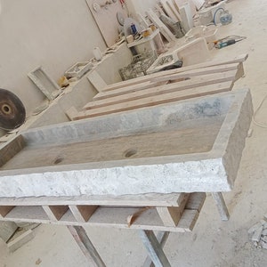 Double Marble Sink, Sink For Bathroom, Natural Stone Sink, Marble, Sink, Stone Sink, Silver Travertine  Rectangular Sink