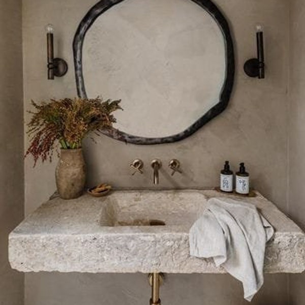 Travertine Marble Sink, Wall Mounted Marble Sink - Handmade Travertine Sink, Natural Stone, Washbasin, Travertine Sink for Bathroom, Marble