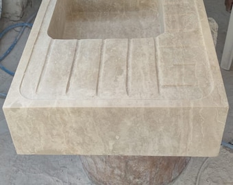 Lavabo de mármol travertino hecho a mano: encimera de pared (107 x 45 x 17 cm)