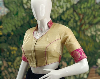 Designer-Bluse aus goldener Dupionseide | Stehkragen-Design | Saree/Lehanga Bluse | Ethnische/Partykleidung | Saree-Top | Designerbluse.