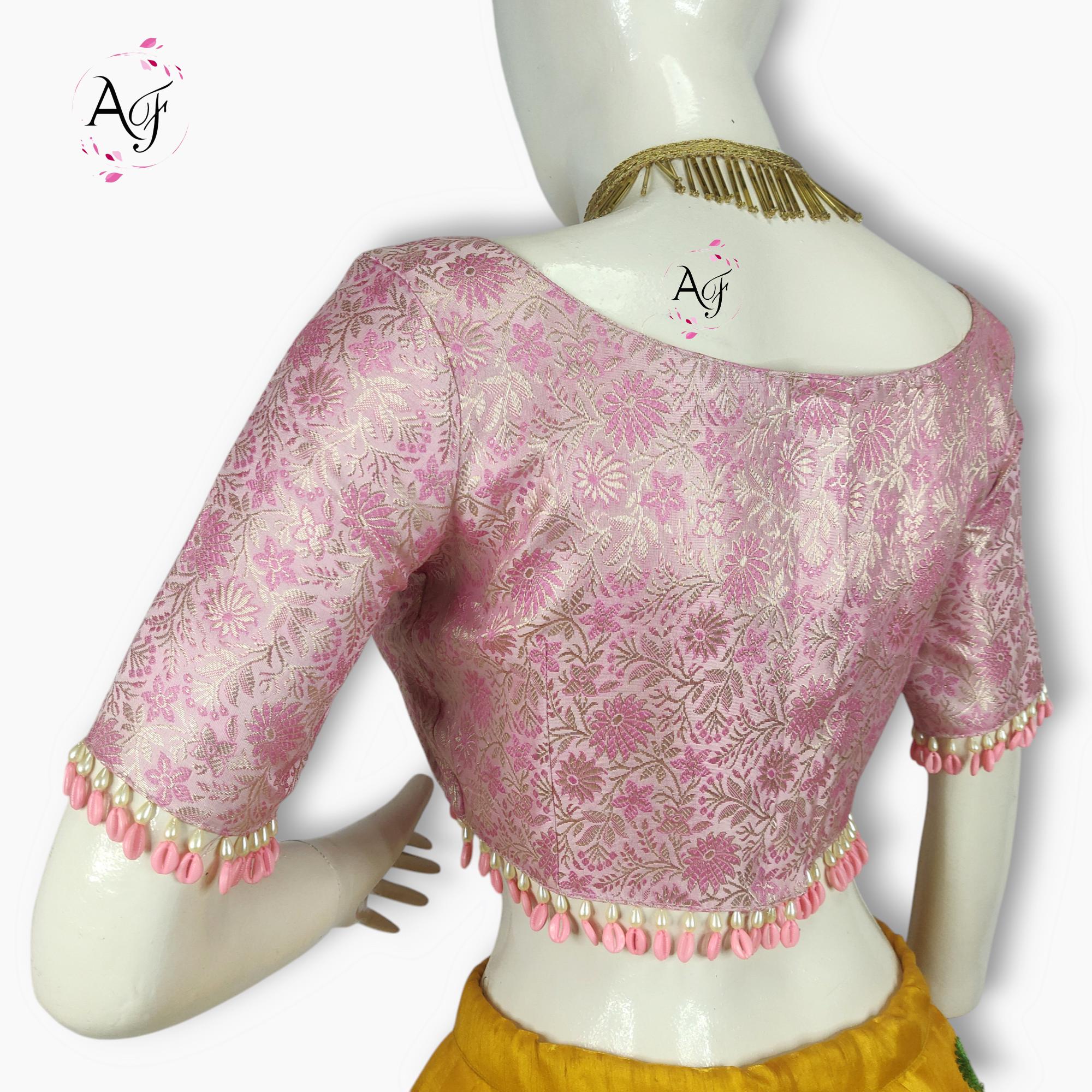 Pink Banarsi Brocade Saree Blouse: Boat Neck, Padded Bust, Prince Cut