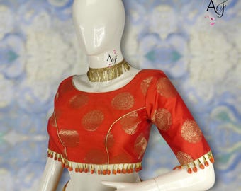 Fluorescent Orange Banarsi Brocade Saree Blouse: Boat Neck, Padded Bust