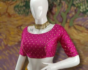 Pink Chanderi Saree Blouse: Boat Neck, Half Sleeve, Ethnic Party Wear