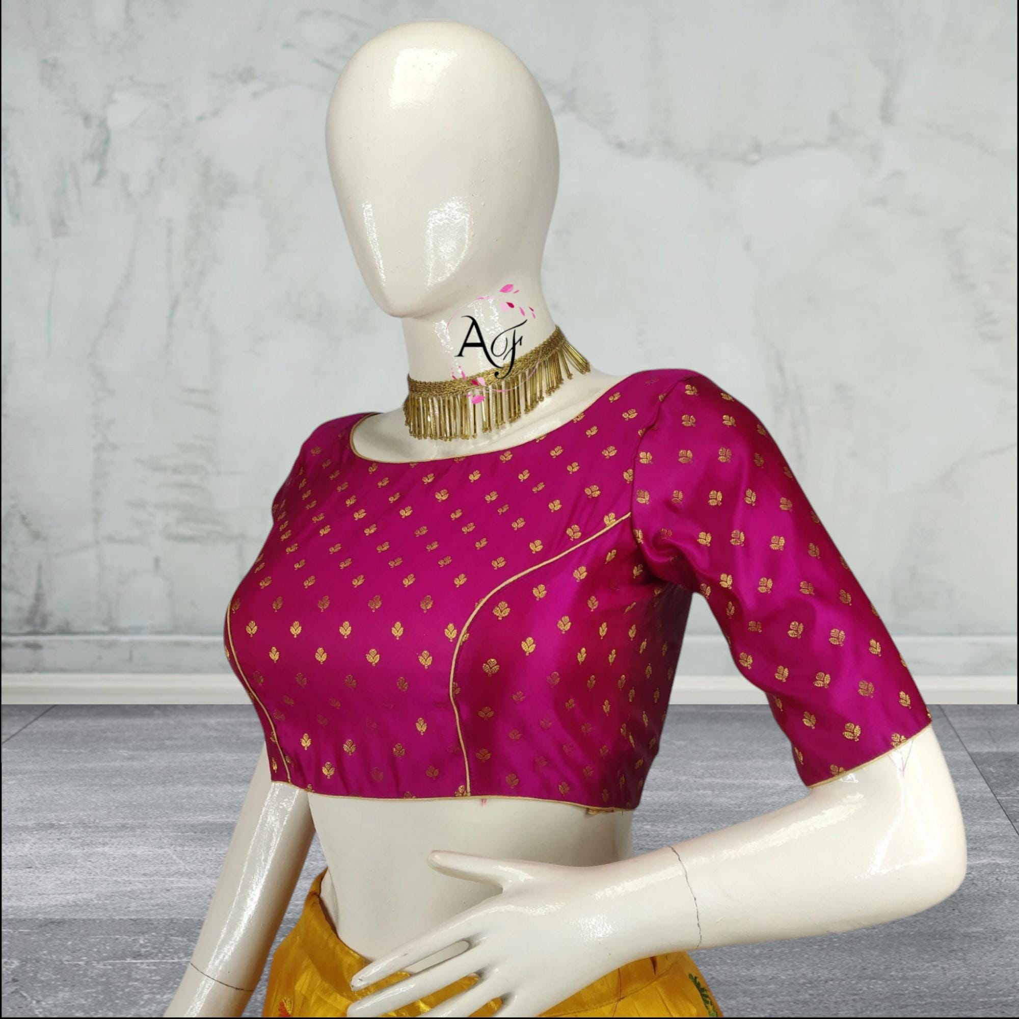 Pink Chanderi Saree Blouse: Boat Neck, Half Sleeve, Padded, Ethnic Party Wear