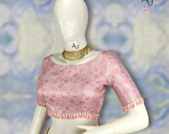 Fluorescent Pink Banarsi Brocade Saree Blouse: Boat Neck, Padded Bust