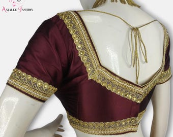 Dark Maroon Saree Blouse | Sweetheart Neck Design | Stylish Ethnic Wear | Short Sleeve Party Top